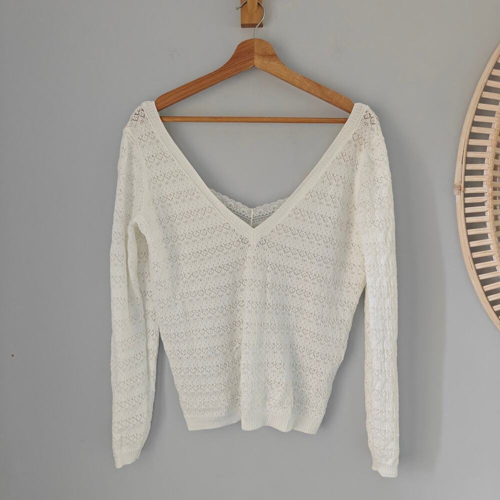 Sezane Gretha Jumper Ecru Reversible Lace V Neck Cotton Sweater S